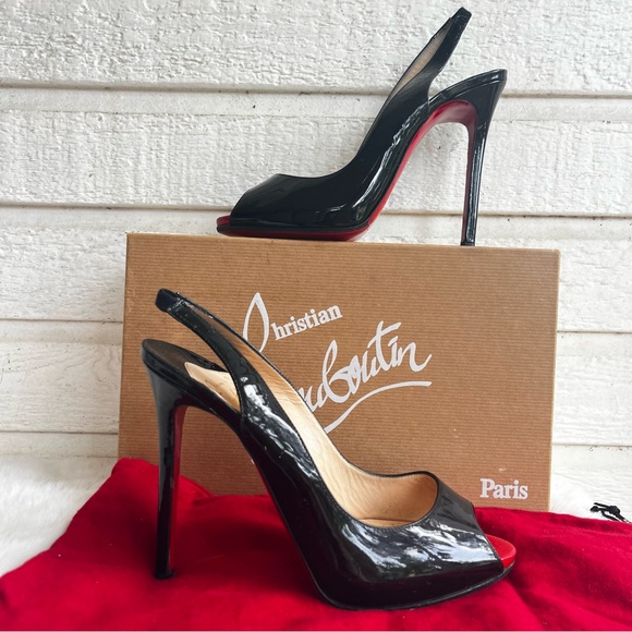 Christian Louboutin Shoes - CHRISTIAN LOUBOUTIN Black Patent Very Prive Peep Toe Sling Back Heels sz. 39
